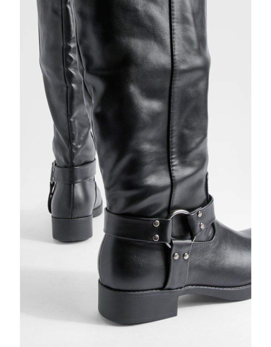 Buckle Detail Square Toe Over Knee Chunky Biker Boots - black - 3