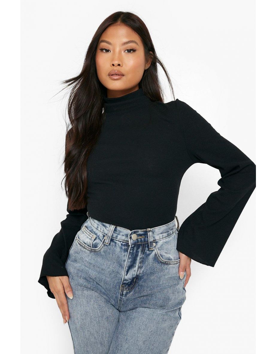 Petite Flare Sleeve Roll Neck Top - black