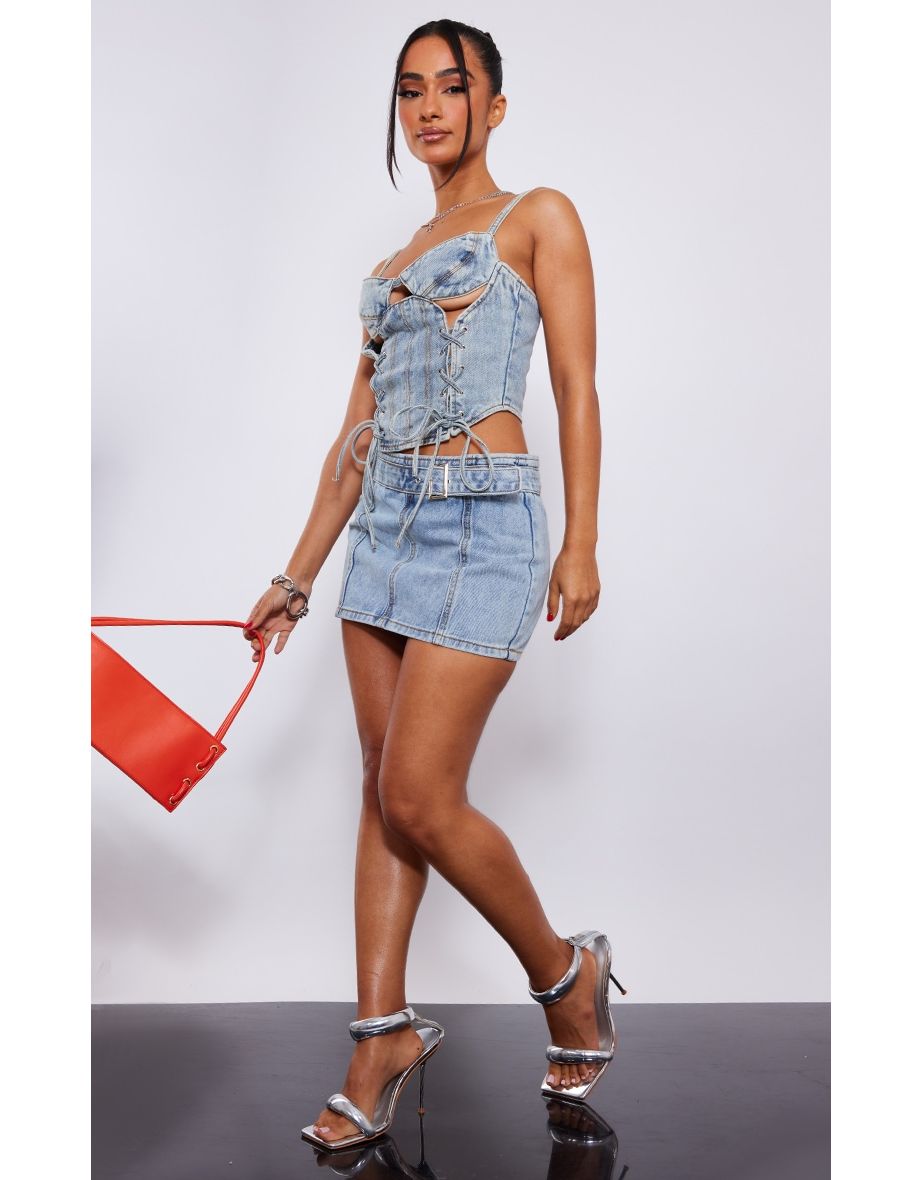 Petite Light Blue Wash Denim Buckle Detail Mini Skirt