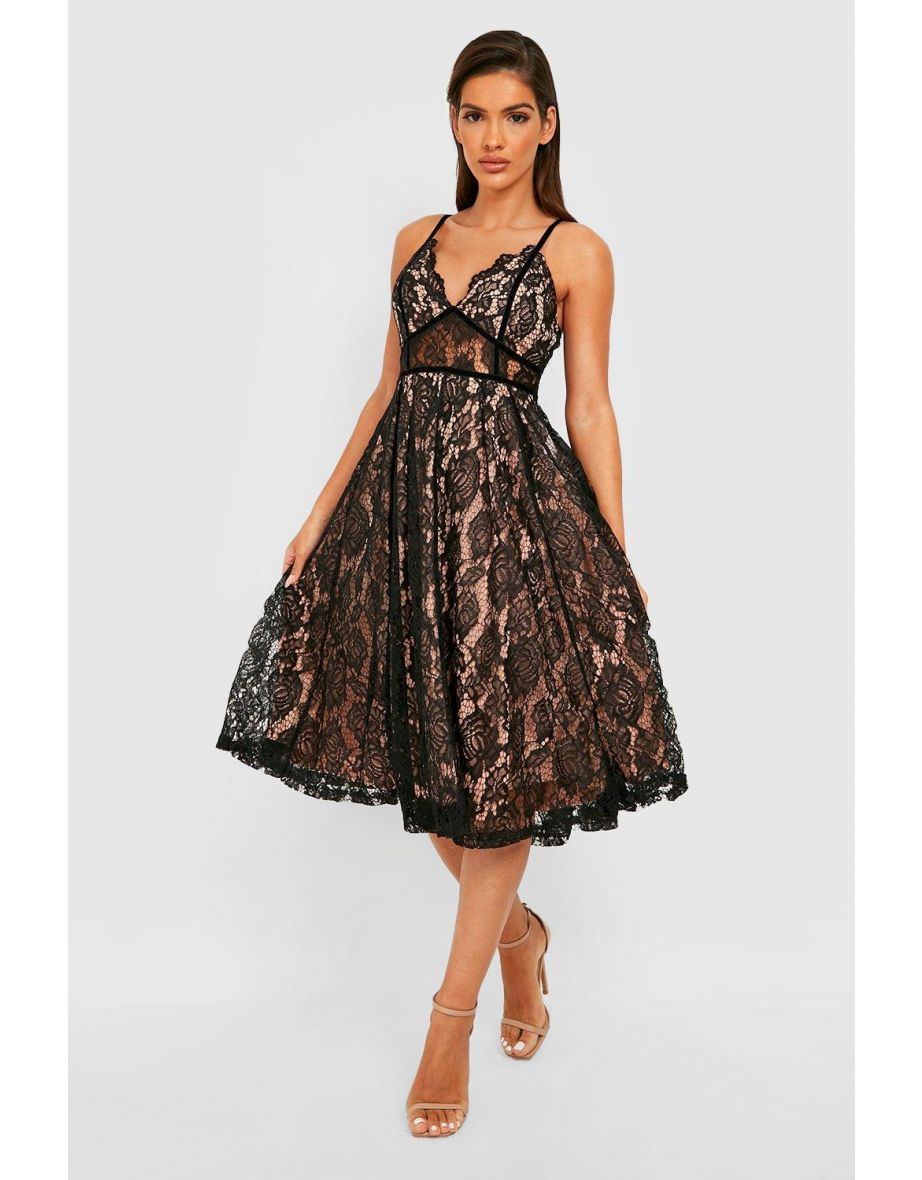 Black lace 2025 midi skater dress