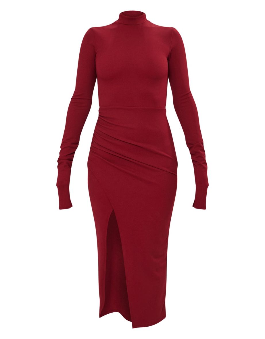 Cherry Red Crepe High Neck Split Sleeved Midi Dress - 4