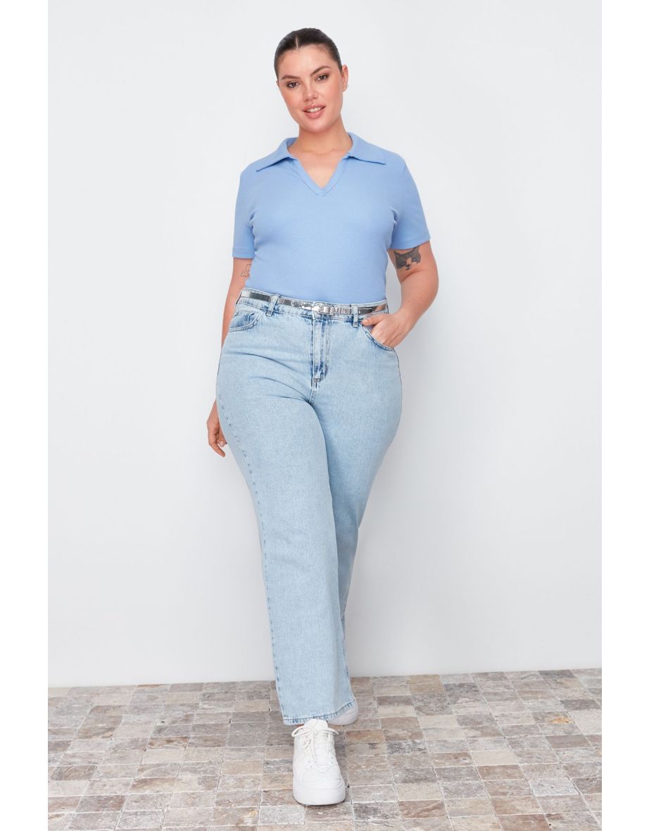 Blue Polo Neck Bodycone Knitted Blouse