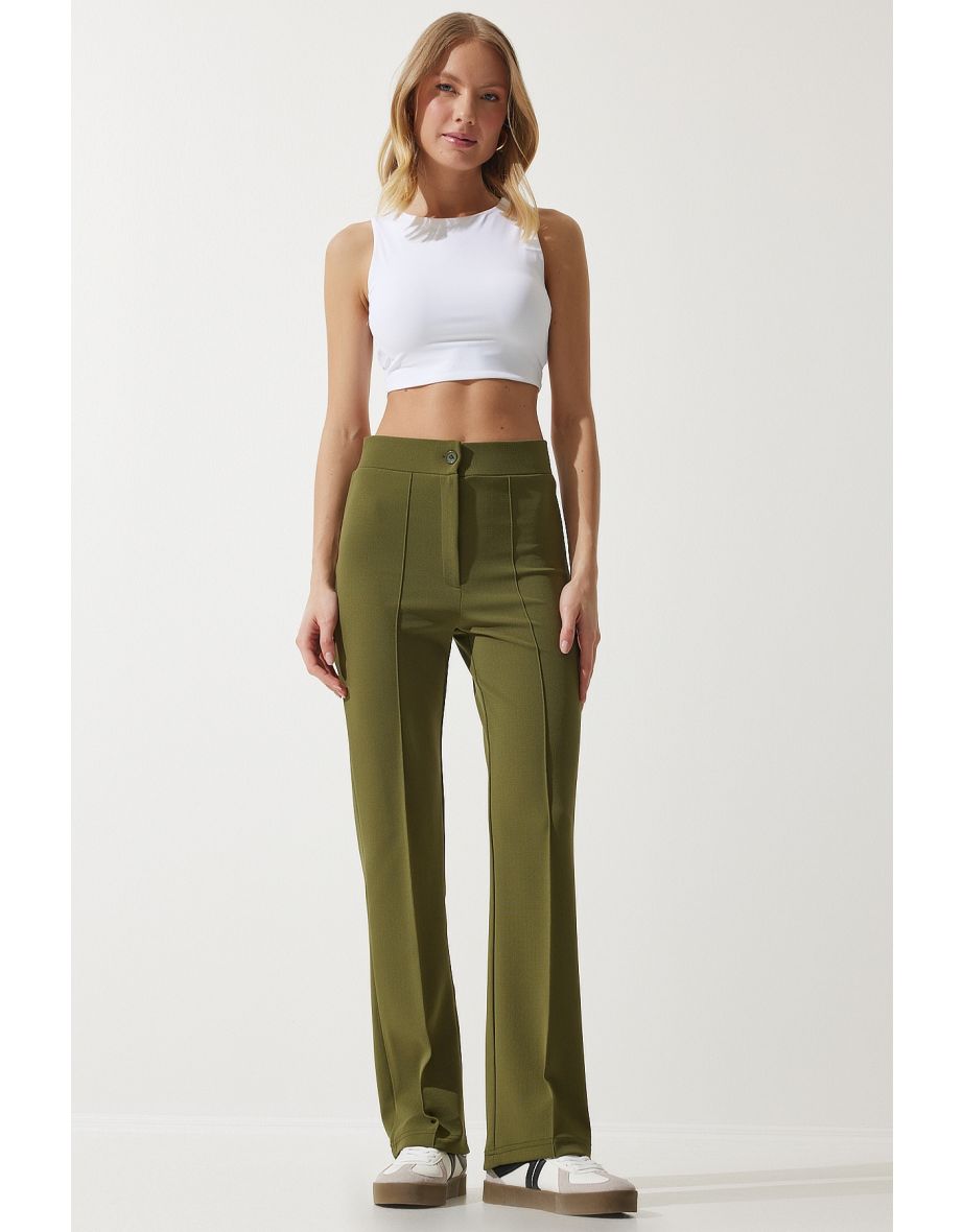 Women's Khaki High Waist Lycra Casual Knitted Trousers