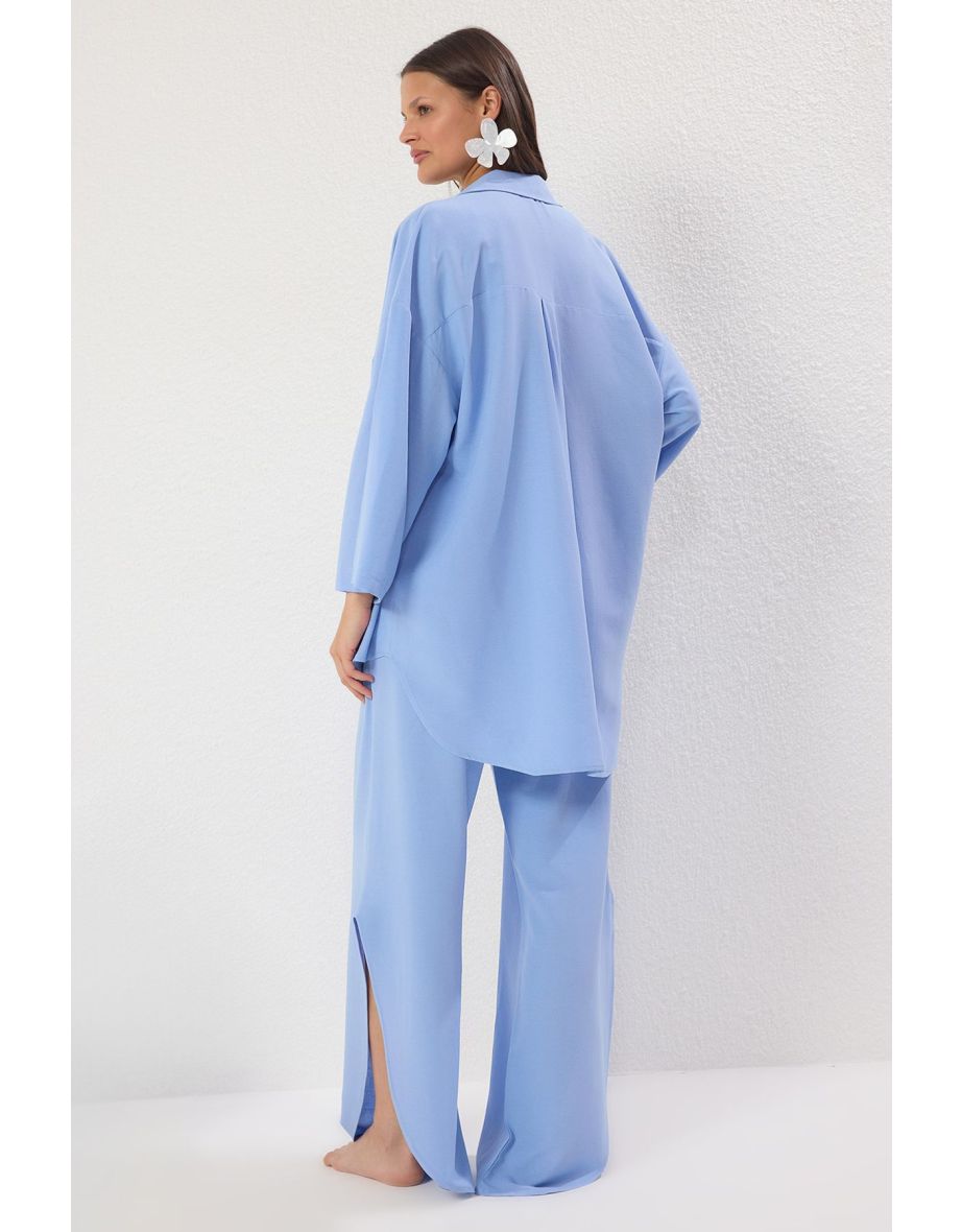 Blue Woven Tied Linen Blend Shirt Trousers Beach Suit - 4