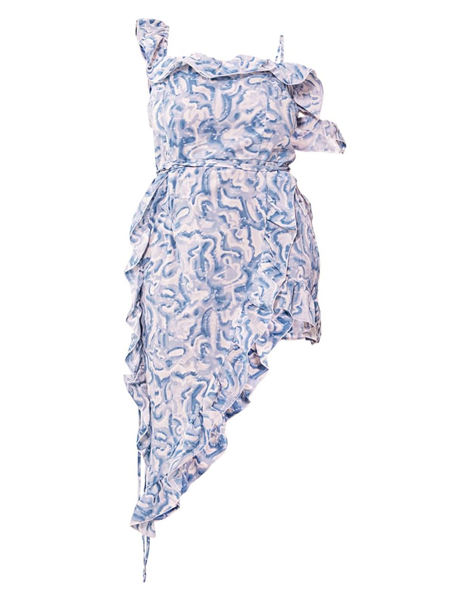 Plus Blue Marble Printed Ruffle Asymmetric Hem Midi Dress - 4