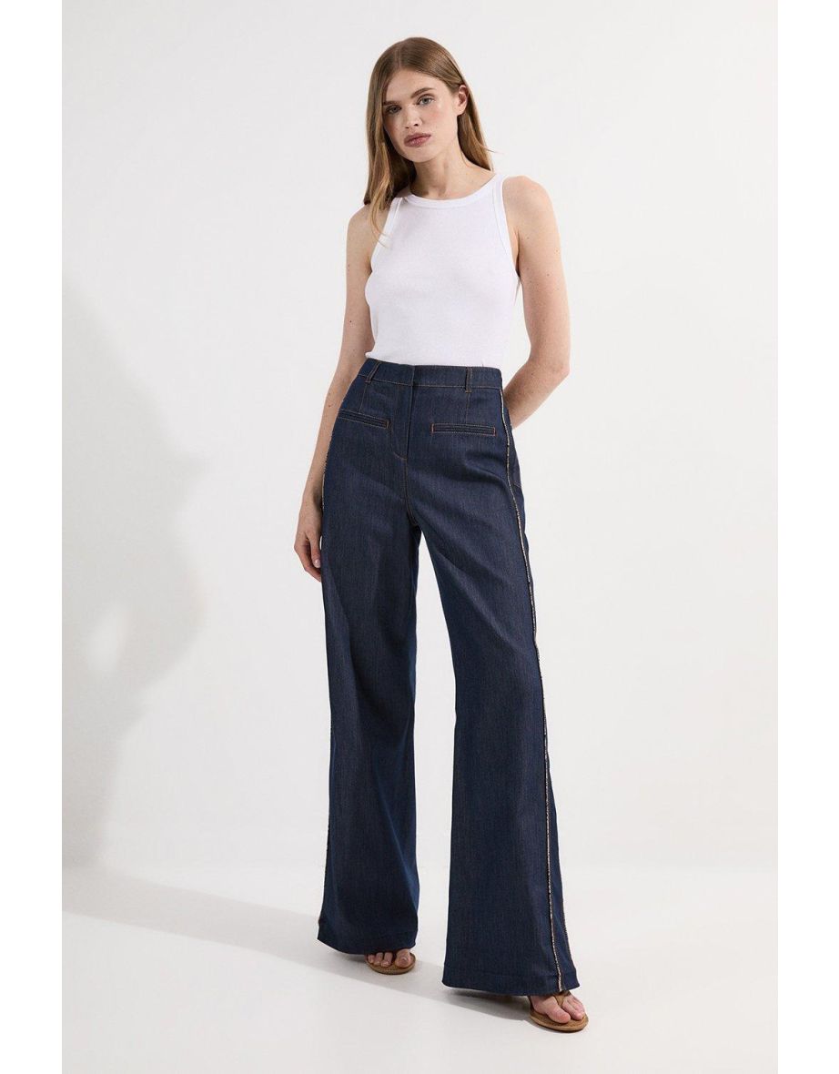 Archive Collection - Tailored Denim Belted Pocket Detail Wide Leg Trousers