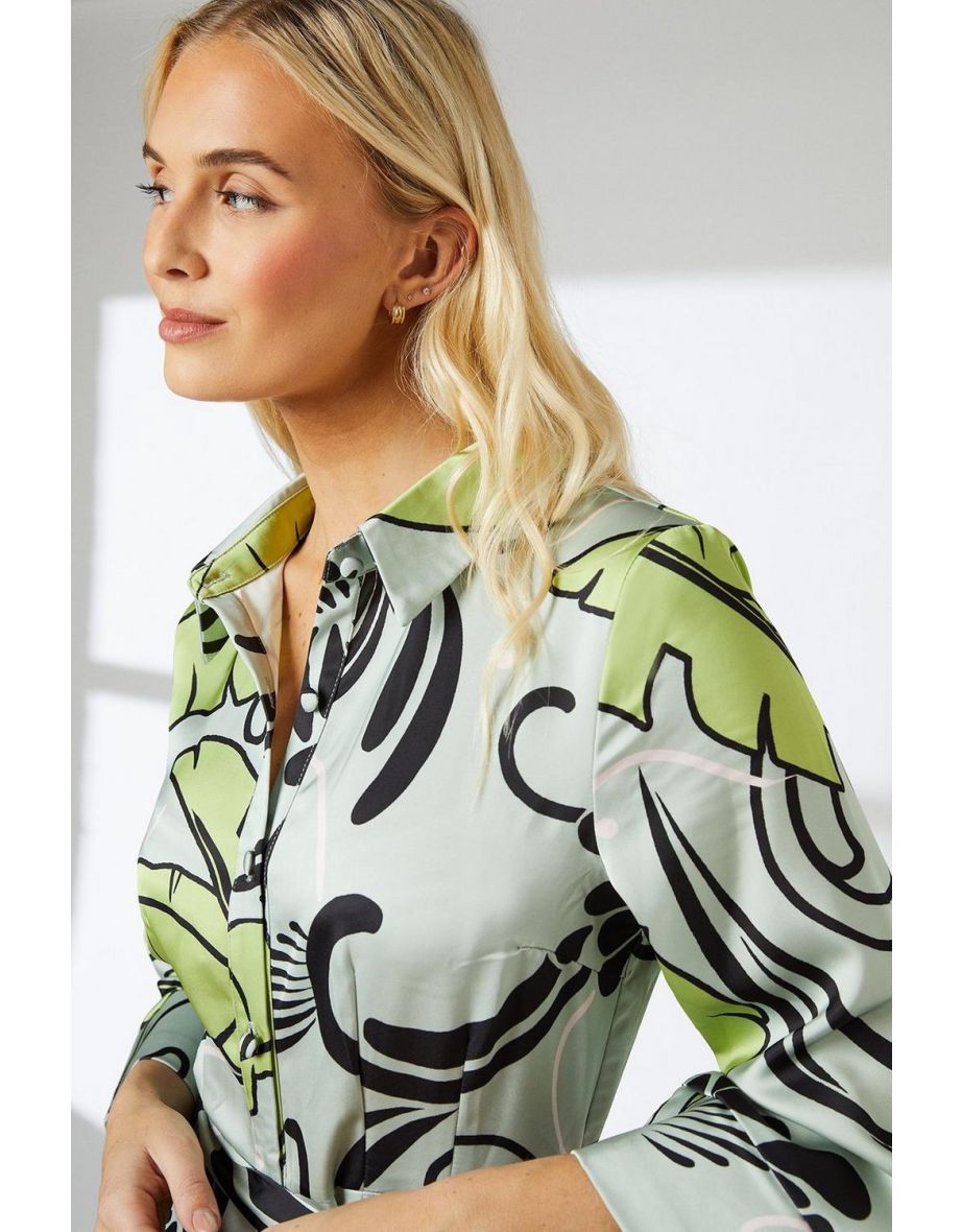Leaf Print Belted Satin Shirt Dress - 3