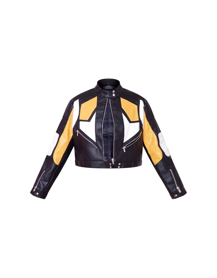 Black And Yellow Motocross Panel Detail Faux Leather Biker Jacket - 4