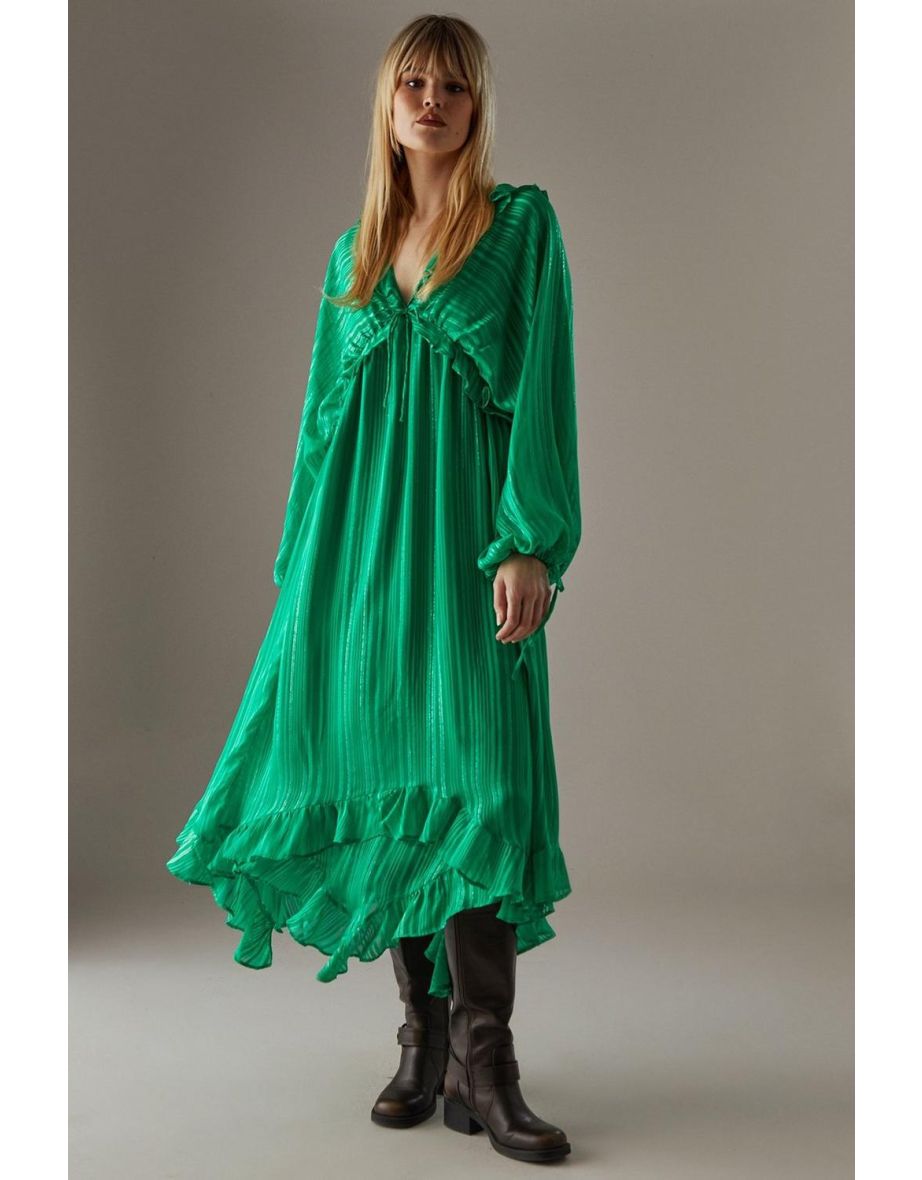 Shadow Stripe Volume Sleeve Hanky Hem Midaxi Dress