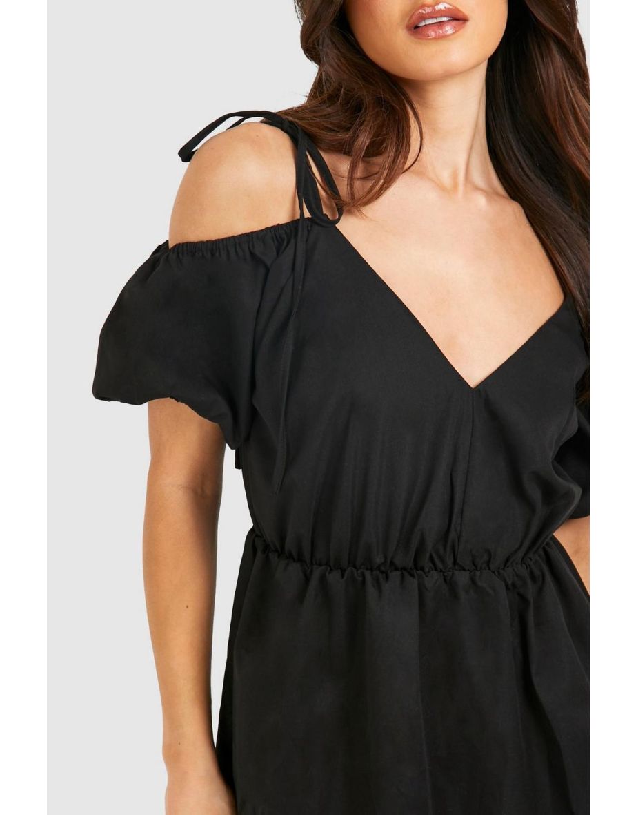 Tall Woven V Neck Tiered Smock Dress - black - 3