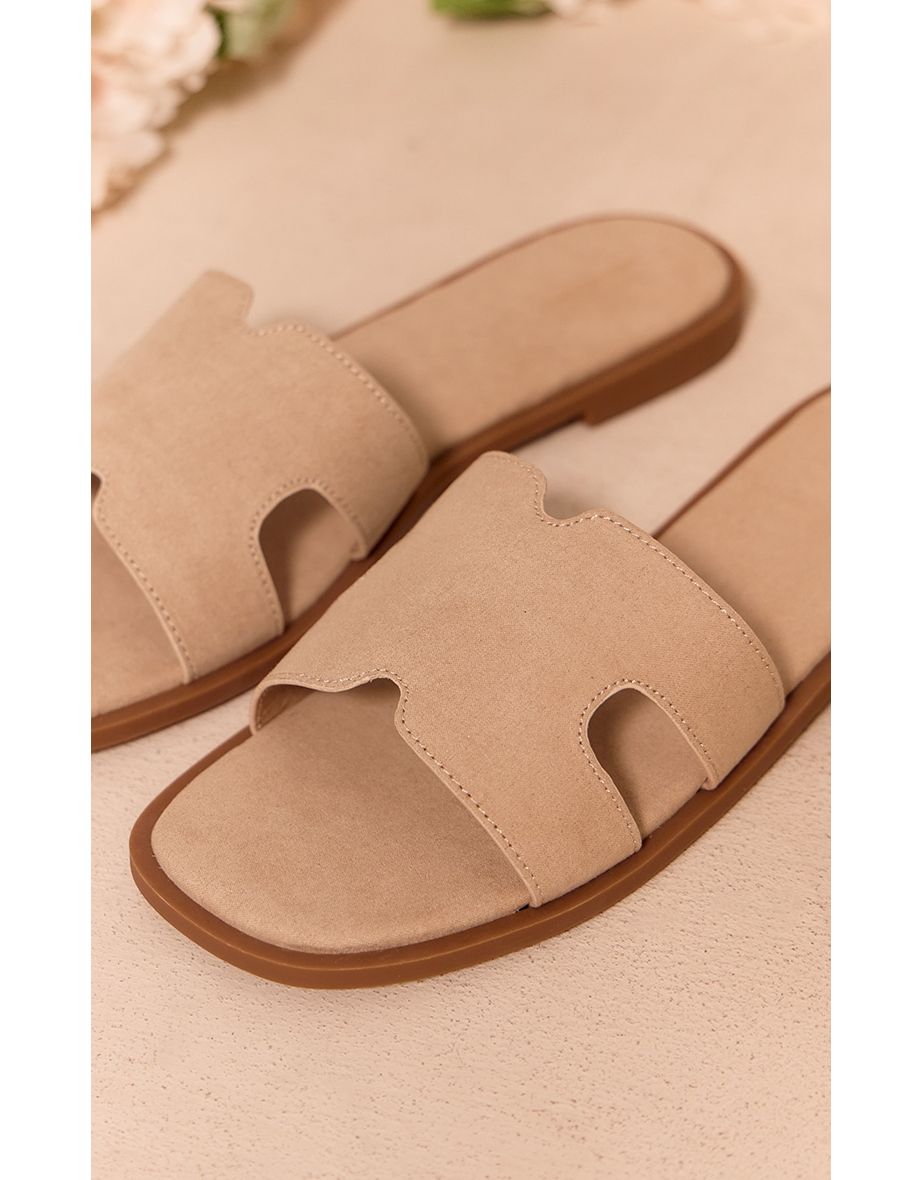 Sand Faux Suede Square Toe Slider Sandals - 3