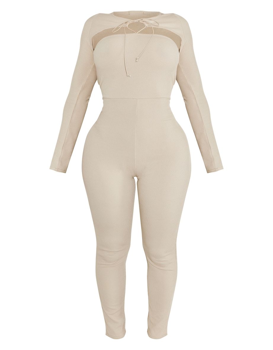 Shape Moss Grey Soft Rib Spaghetti Strap Lace Up Long Sleeve Jumpsuit - 4