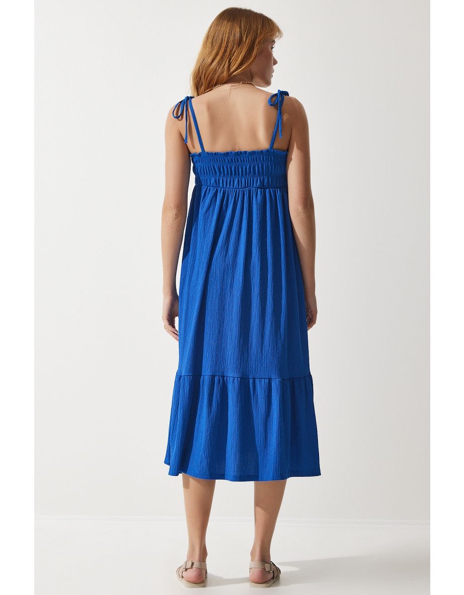 Women's Blue Strappy Crinkle Summer Knitted Dress - 4
