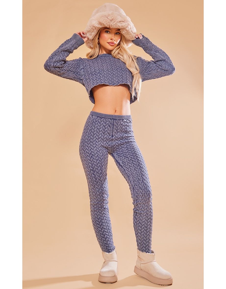 Shop Blue Cable Knitted Denim Look Leggings Online in Bahrain VogaCloset