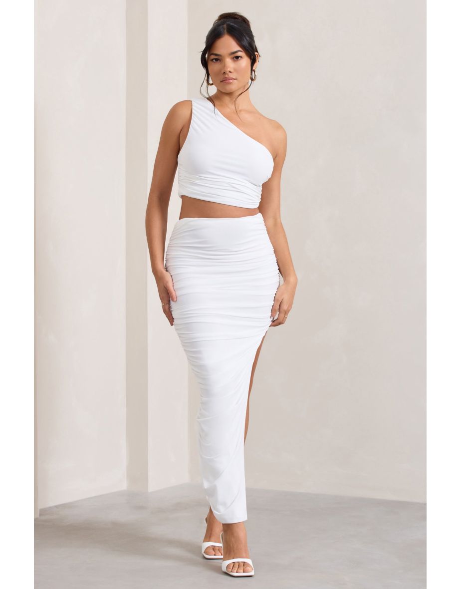 Moon Star | White Side Split Ruched Maxi Skirt - 4