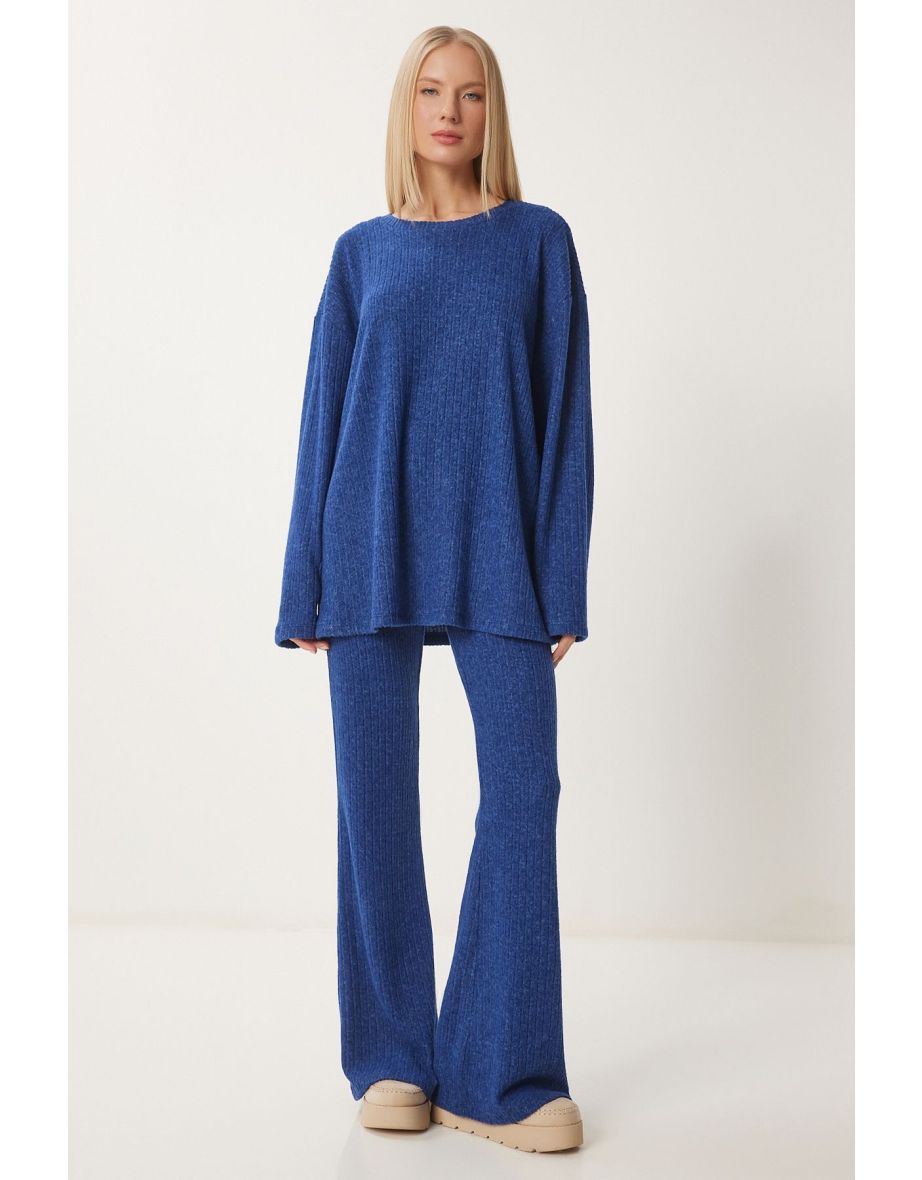 Women's Cobalt Blue Casual Ribbed Knit Blouse Trouser Set
