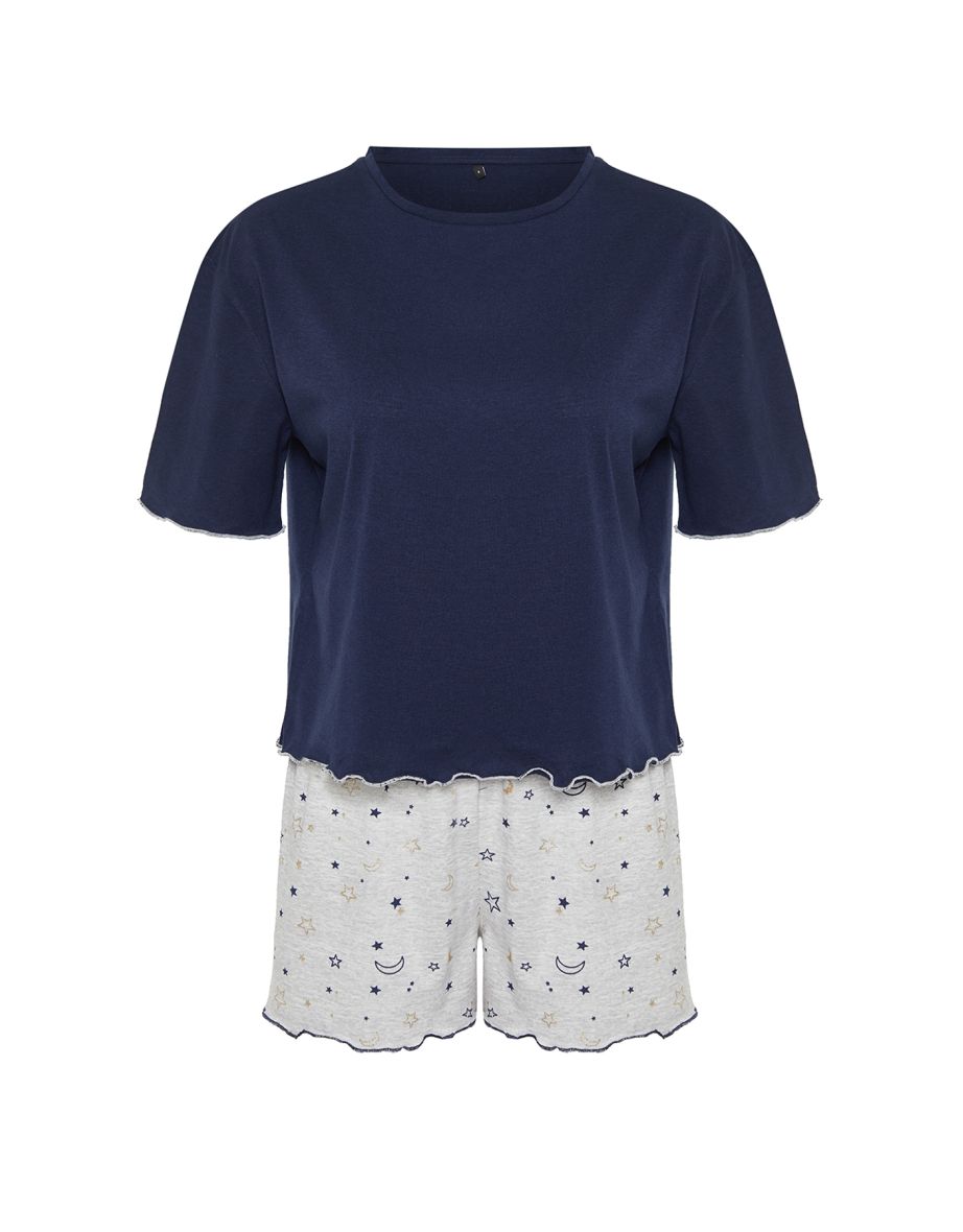 Navy Blue 100% Cotton Galaxy Patterned Knitted Pajamas Set - 7