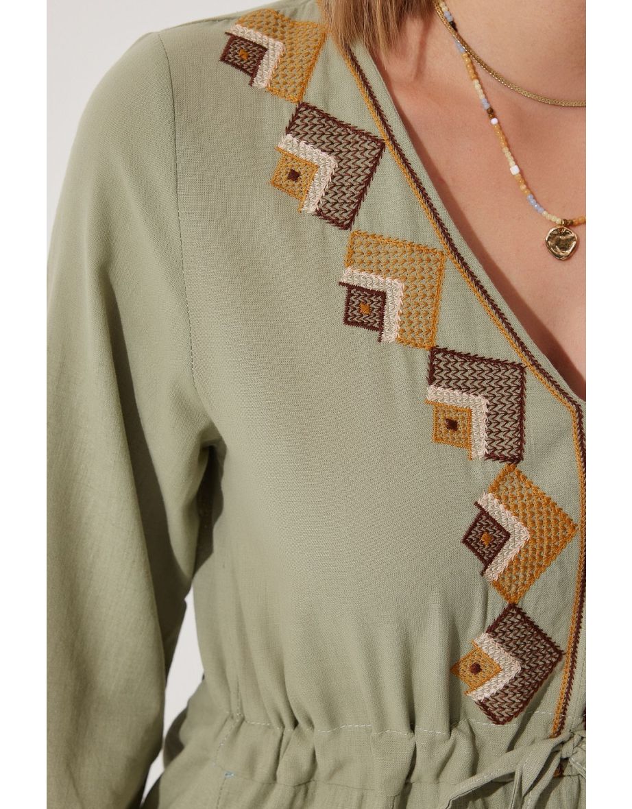 Women's Khaki Embroidery Detailed Oversize Linen Dress - 4