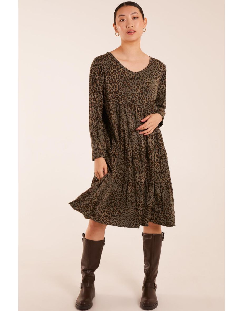 Tiered Leopard Roll Sleeve Smock Dress