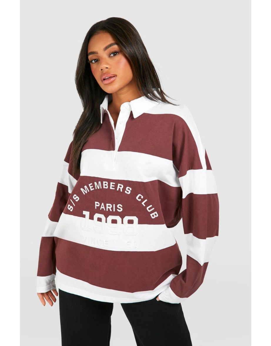 Slogan Striped Rugby Shirt - berry
