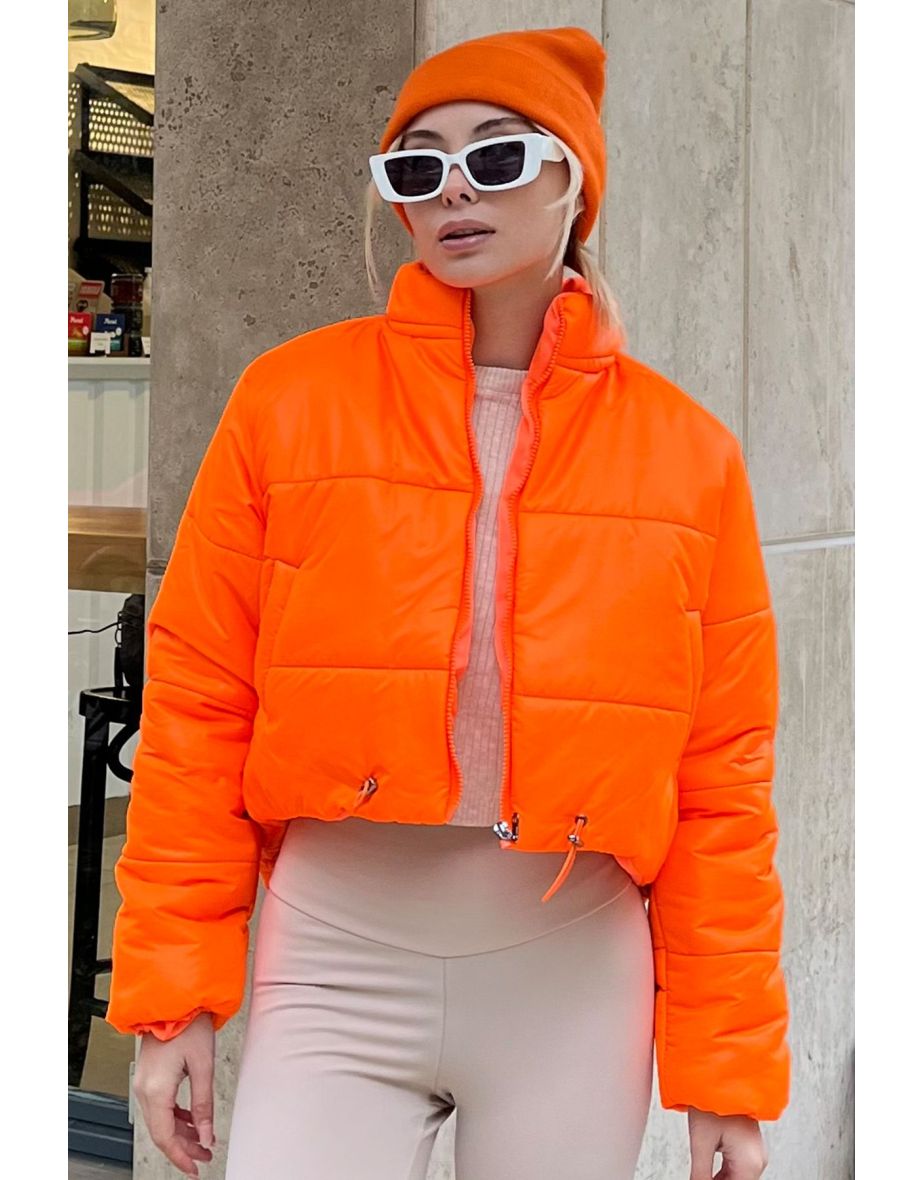 Women's Light Orange Standing Collar Double Pocketed Inflatable Puffer Coat with Elastic Waist - 5