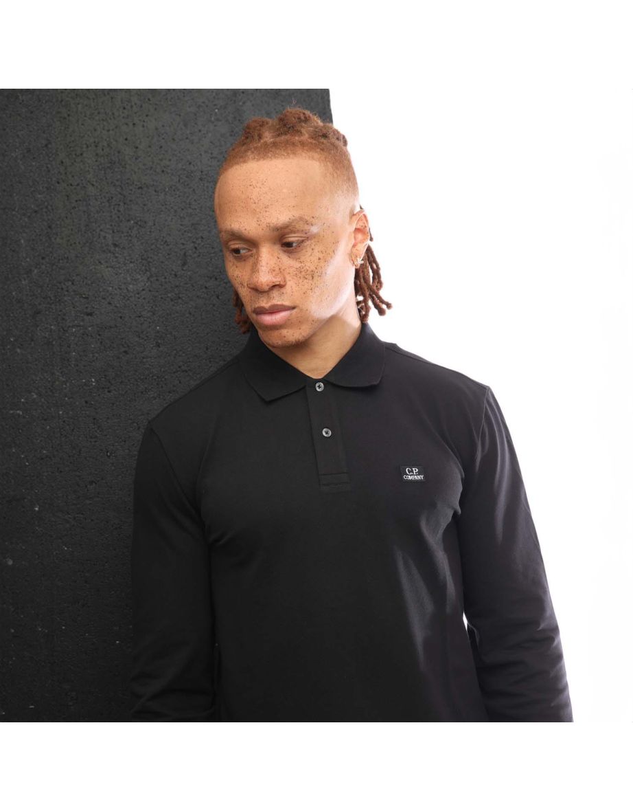 Men's C.P. Company Stretch Piquet Long Sleeved Polo Shirt in Black - 3