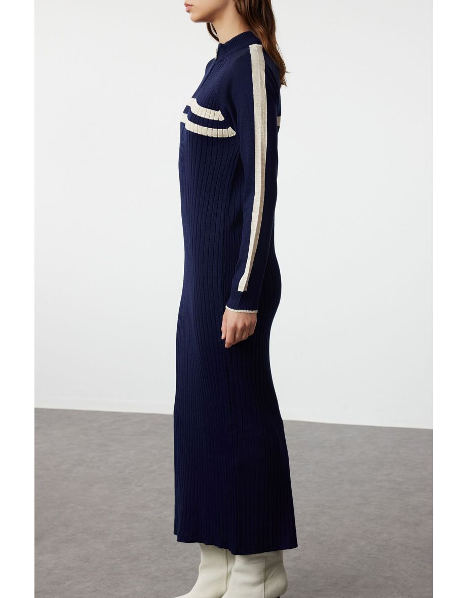 Navy Blue Color Block Corded Knitwear Dress - 4