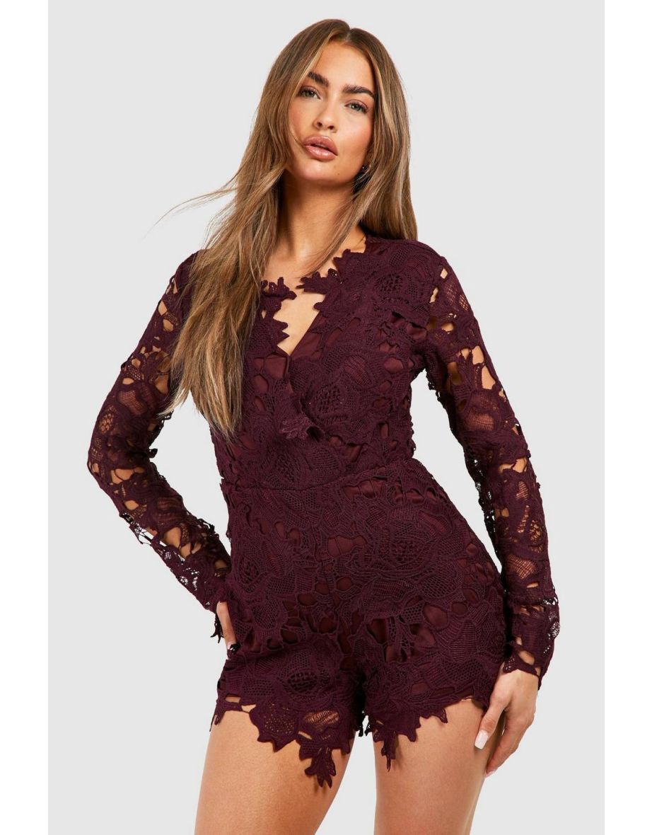 Crochet Long Sleeve Playsuit - purple