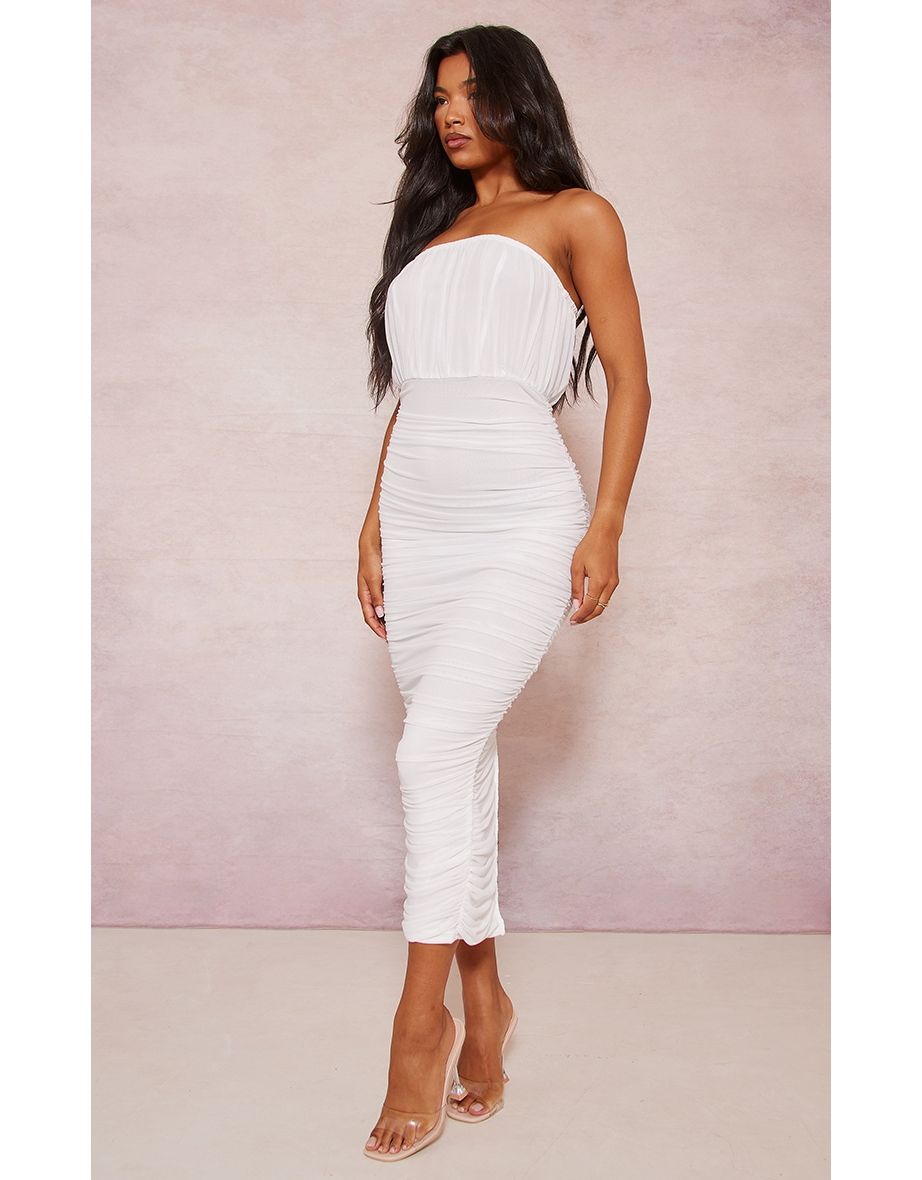 Shop White Mesh Ruched Bandeau Midaxi Dress Online in Qatar VogaCloset