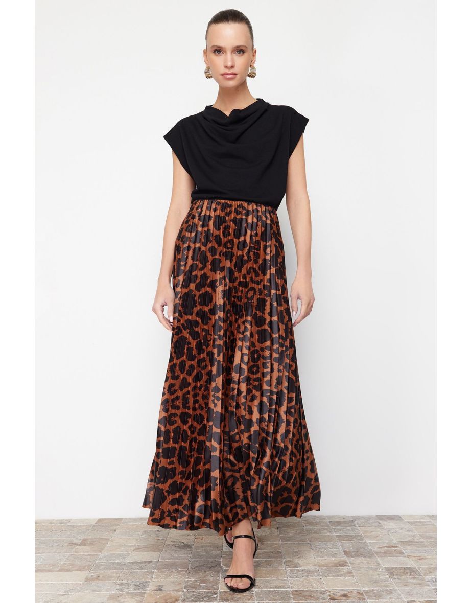 Brown Pleated Animal Print Skirt