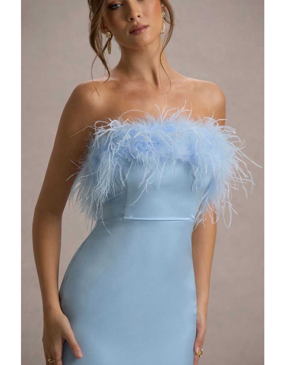 Dress For It | Powder Blue Satin Feather Trim Dress - 6