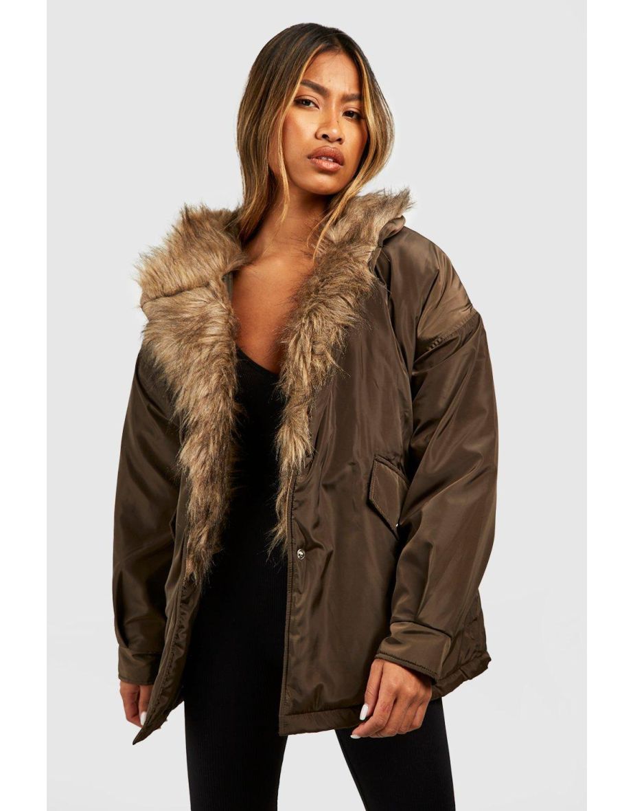 Khaki faux fur trim parka coat top