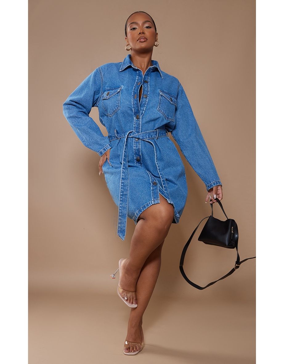 Shop Plus Mid Blue Acid Wash Button Front Tie Waist Denim Dress Online in Qatar VogaCloset
