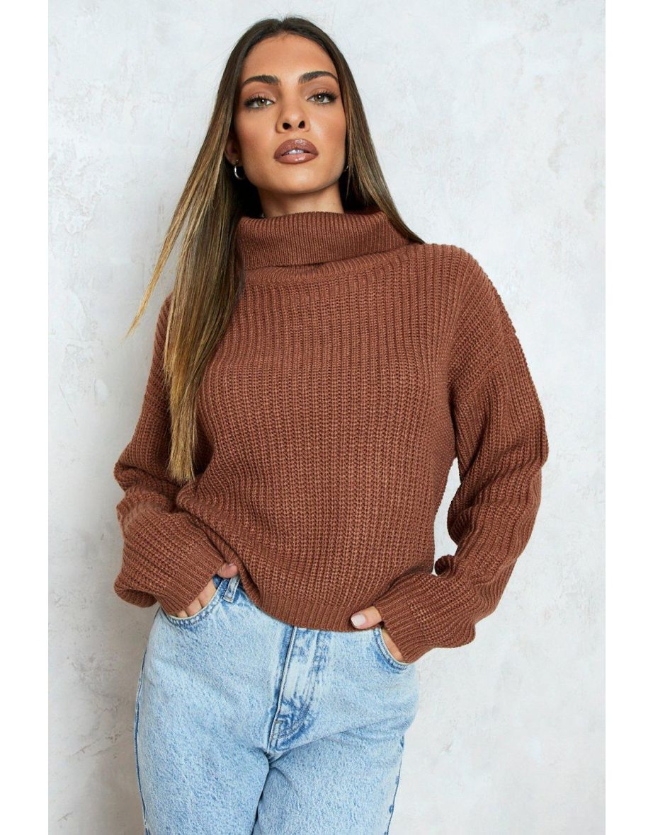 Cropped Fisherman Roll Neck Jumper - biscuit - 3