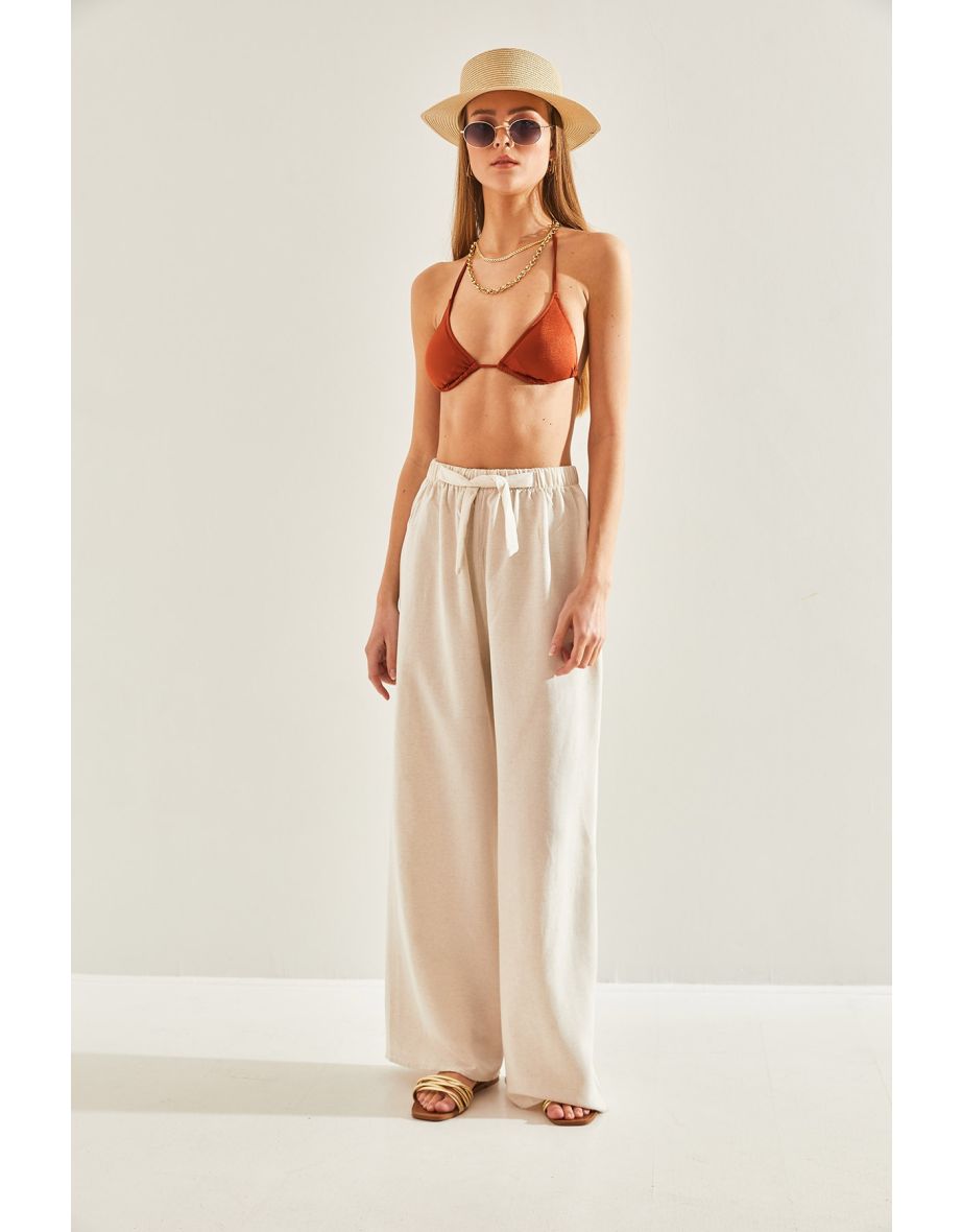 Women's Elastic Waist Linen Trousers - 7