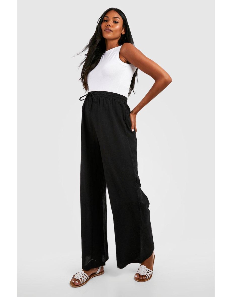 Maternity Linen Drawstring Wide Leg Trousers - black