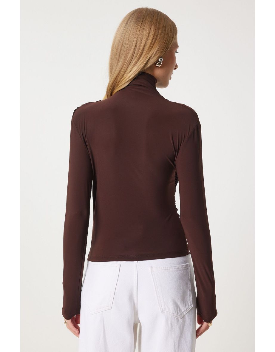 Women's Brown Gathered Detailed High Neck Sandy Blouse - 5