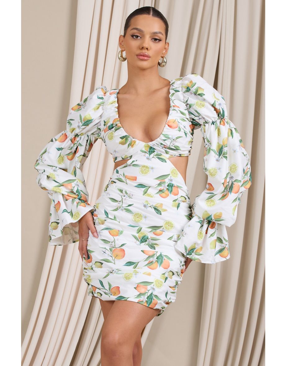 Limoncello | Lemon Print Ruched Cut-Out Midi Dress With Puff Sleeves - 4