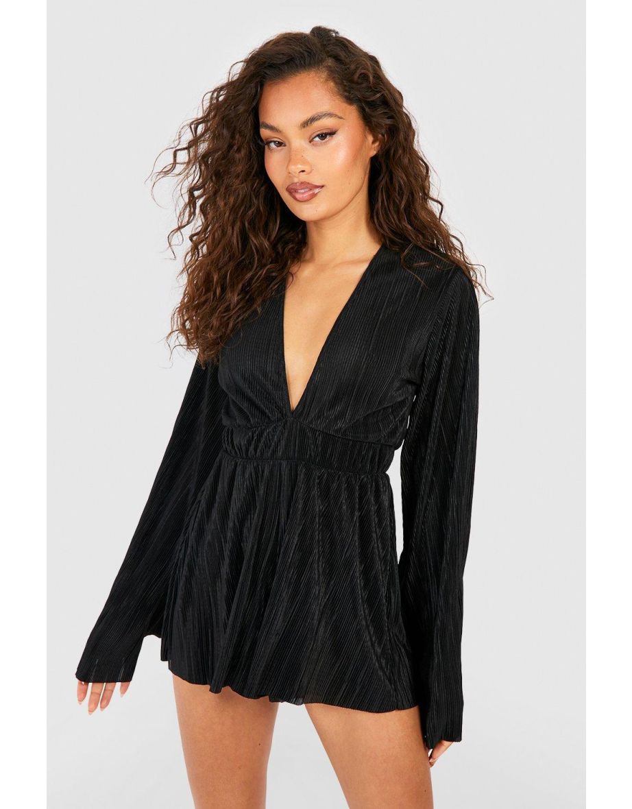 Plisse Flare Sleeve Playsuit - black