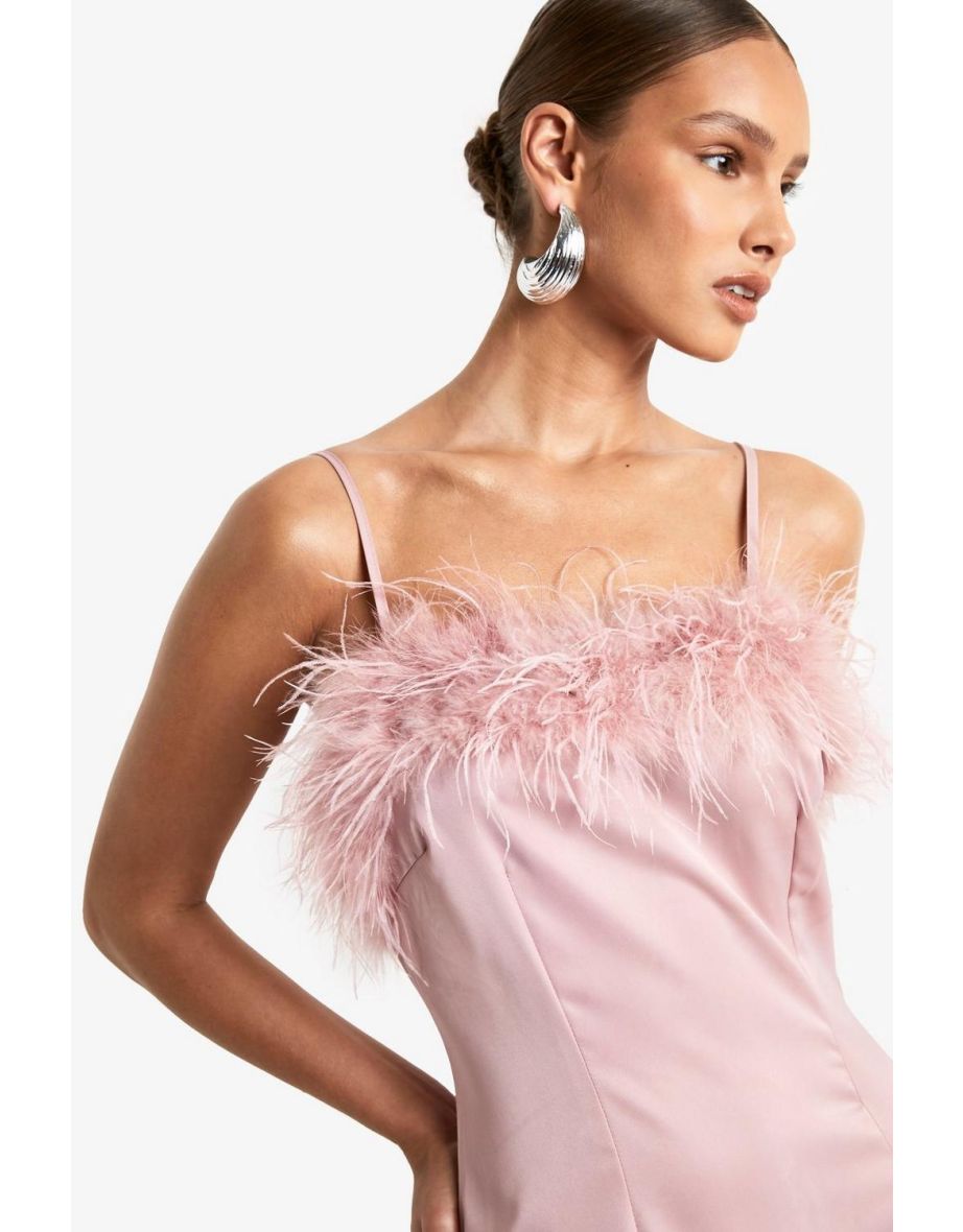 Feather Trim Satin Floor Length Slip Dress - baby pink - 3