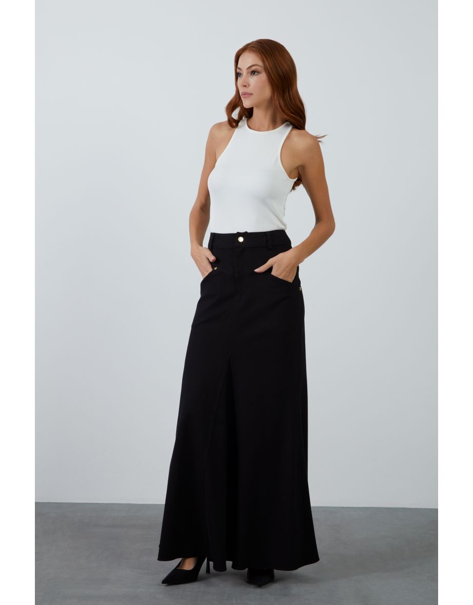 Black Long Skirt with Cape and Pockets - 3