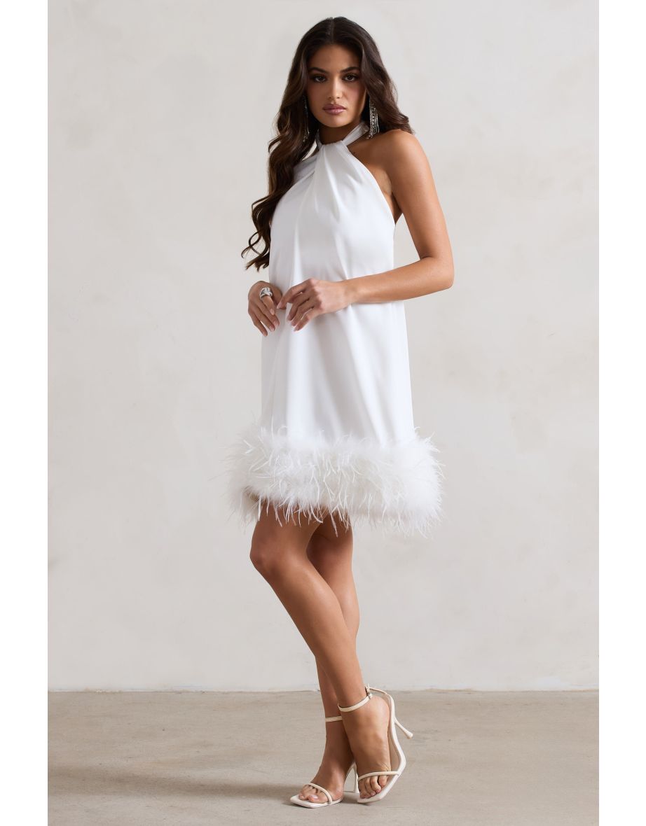 Femme | White Halter-Neck Smock Mini Dress With Feather Hem - 4