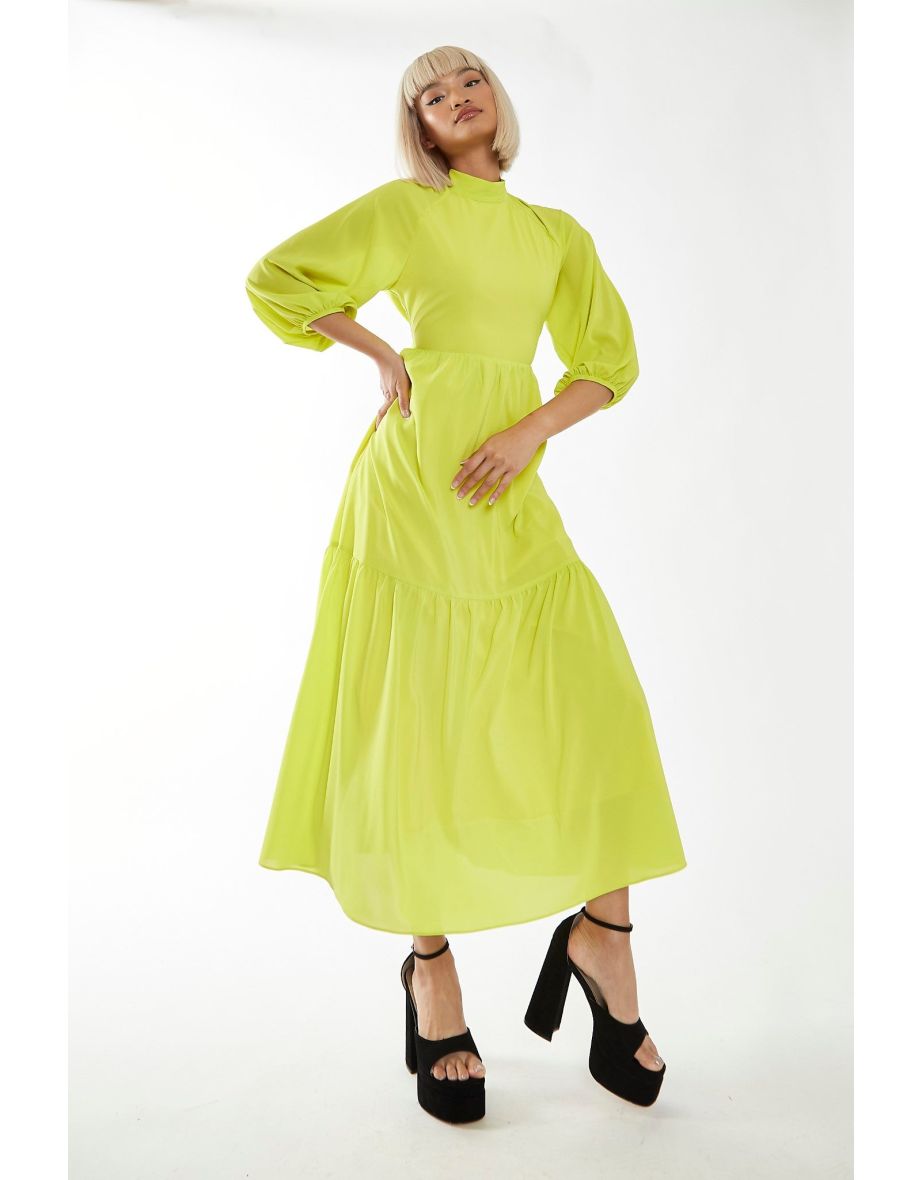 Acid-Yellow Open Back Tiered Midi-Dress - 7