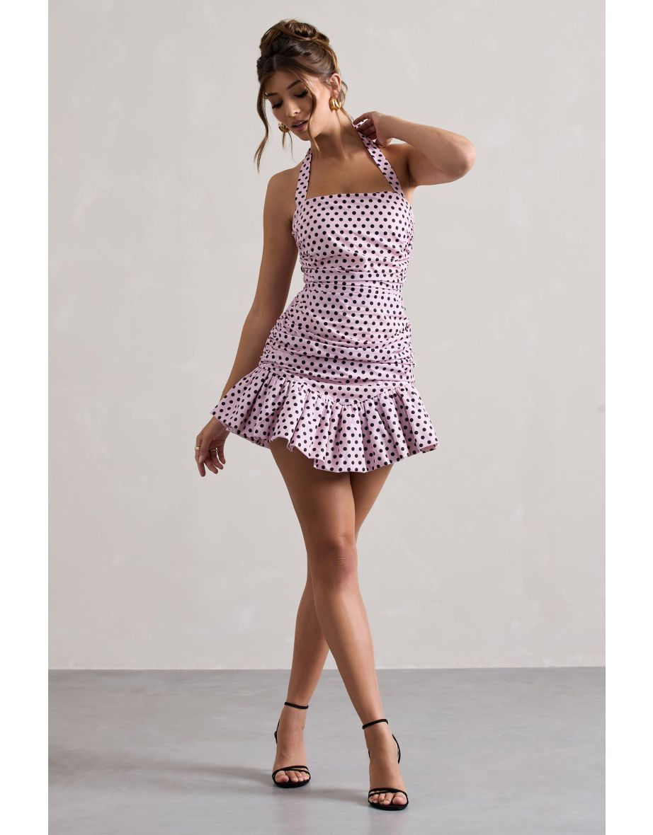 Zahra | Pink & Black Polka Dot Halter-Neck Ruched Mini Dress With Ruffle Hem - 4