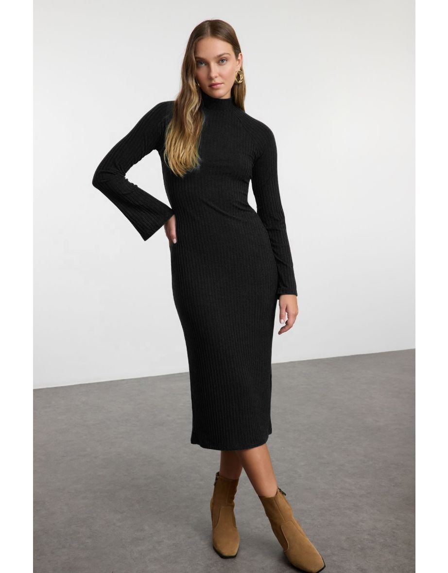 Black Straight Slit Midi Fitted/Fits Body Elastic Ribbed Knit Dress