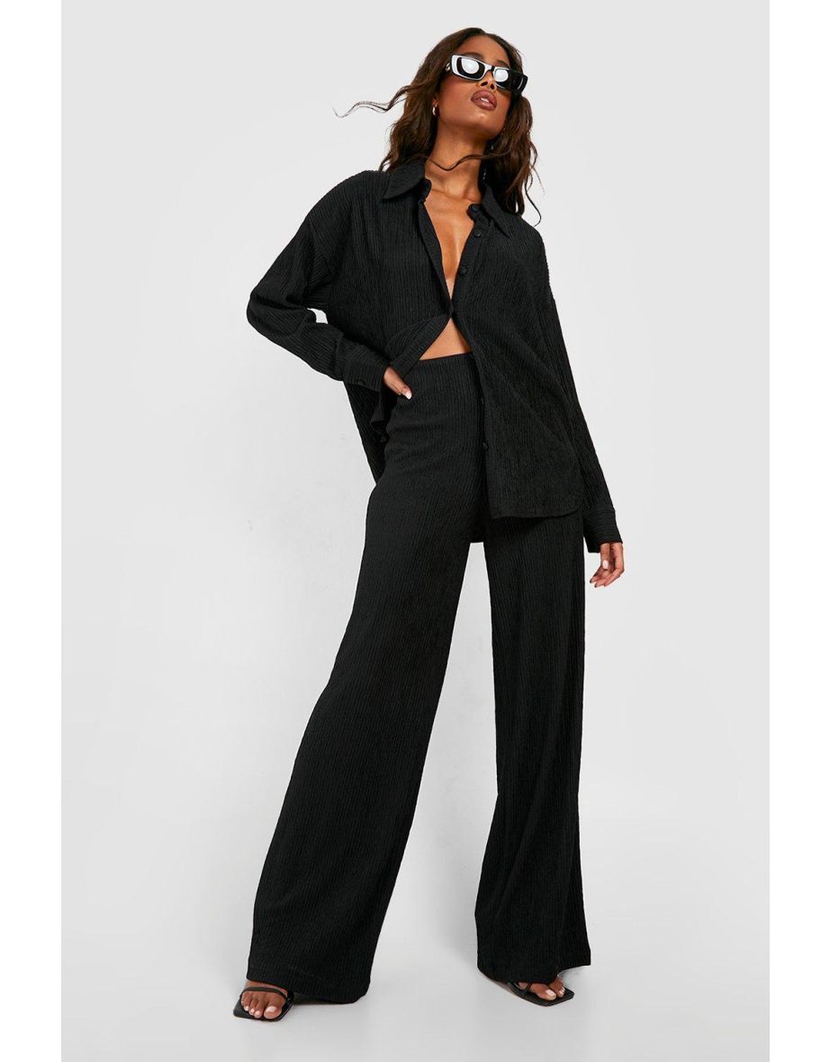 Crinkle Relaxed Fit Wide Leg Trousers - black
