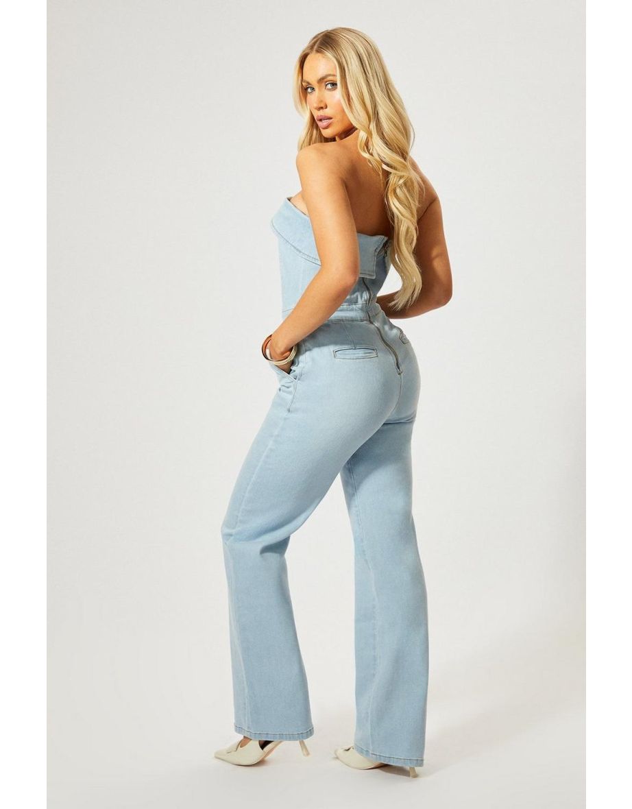 Fold Over Bandeau Denim Jumpsuit - 3