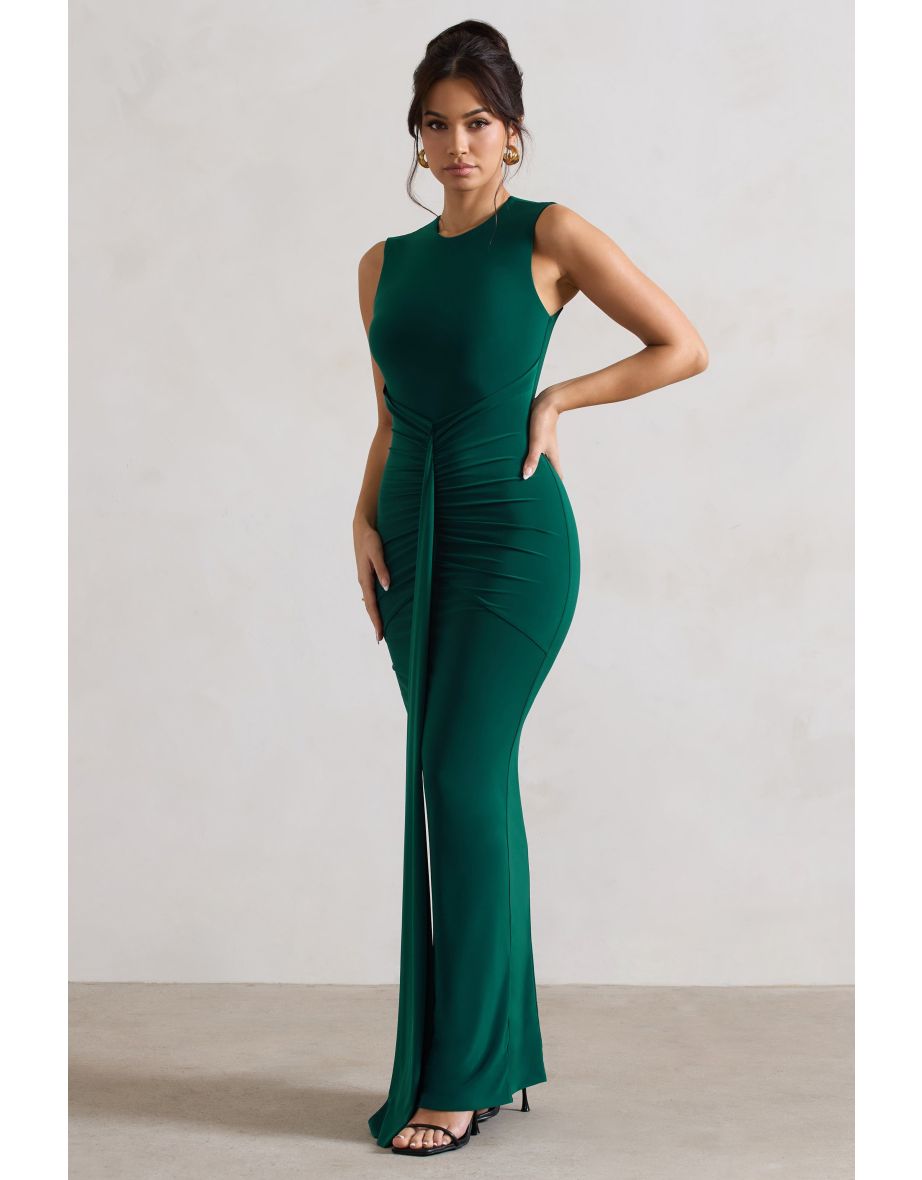 Alexa | Bottle Green High-Neck Gathered Maxi Dress With Drape - 4