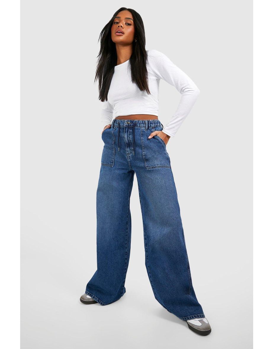 Elasticated Waistband Wide Leg Jeans - mid blue