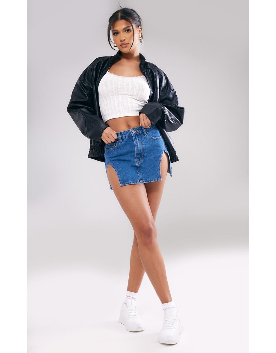 Indigo Blue Wash Cargo Pocket Crossover Denim Mini Skirt